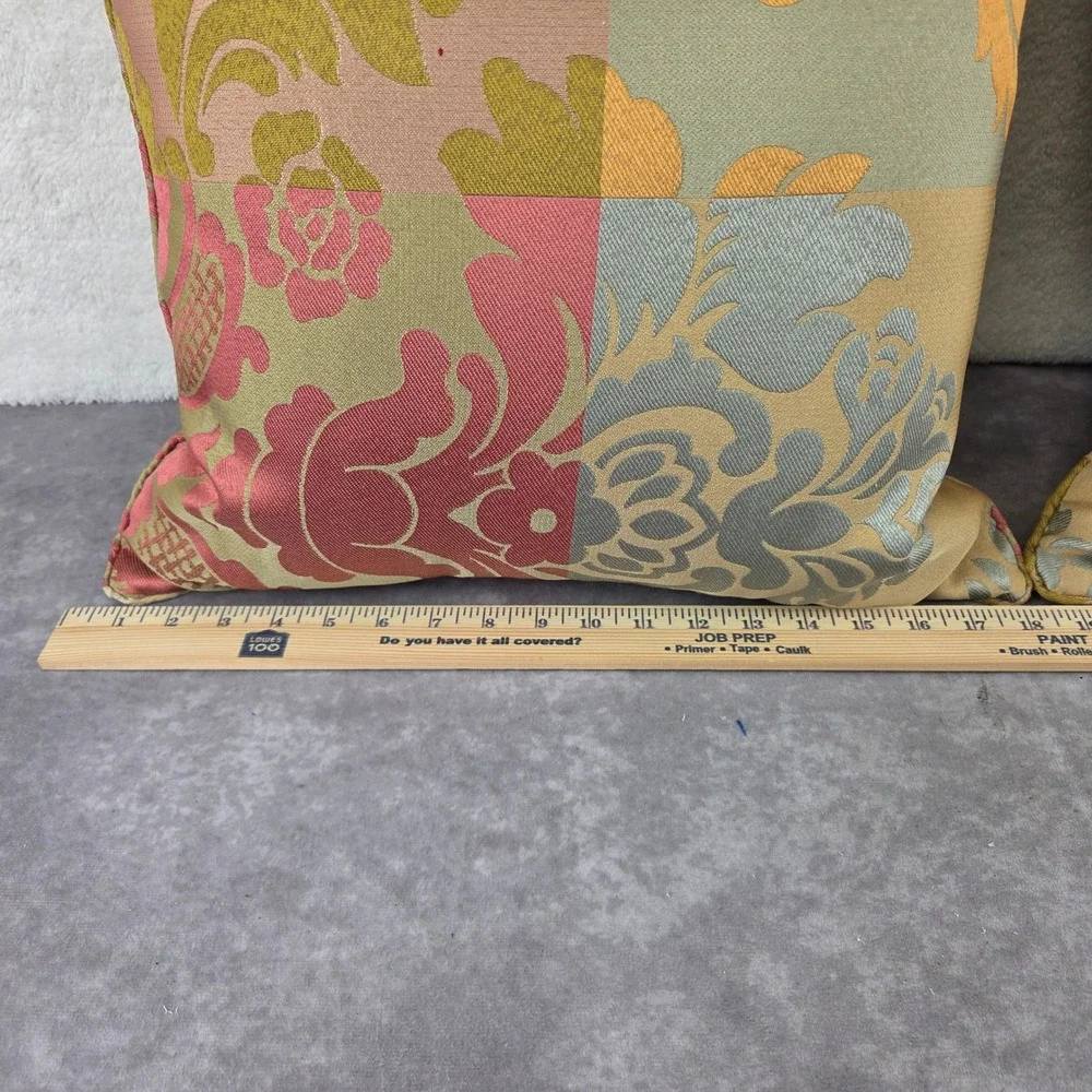 Set of 2 Damask Floral Patchwork Throw Pillows Gold Pink Green Jacquard 17x17